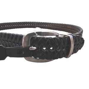 Mens Black Braided Leather Belt Silver Buckle Woven Textured Strap Accessory